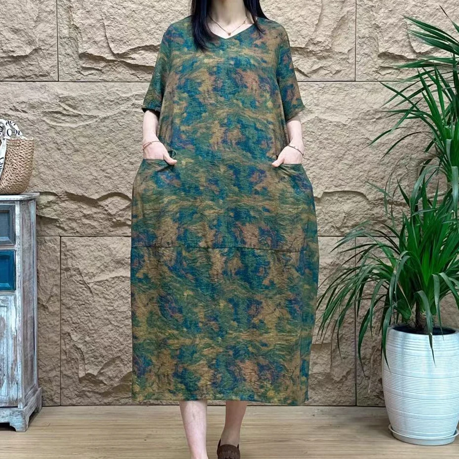 3917-2172-11新款优雅显瘦A字版印花长款大摆连衣裙时尚文艺复古