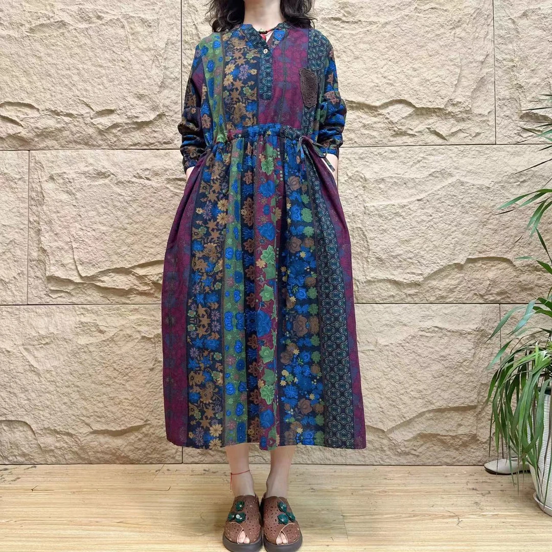 5781秋款新款A字版黑绿拼接显瘦时尚文艺复古长款大摆连衣裙