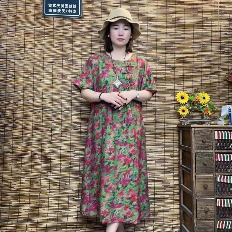 9651新款连衣裙四粒盘扣粉绿花洋气质宽松大码遮肚显瘦印花裙子