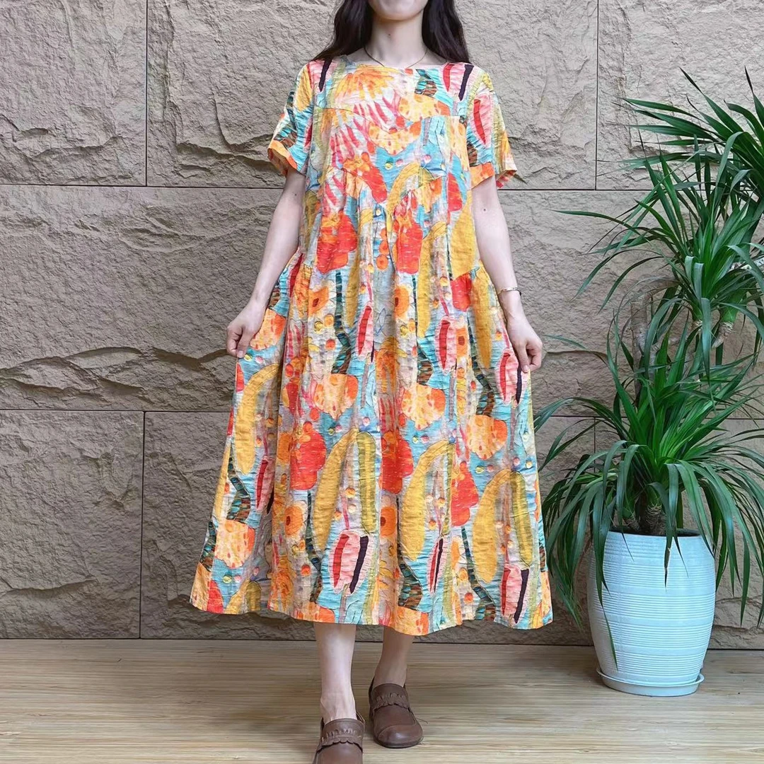 8669新款文艺优雅显瘦气质A字版印花长款大摆连衣裙时尚碎花洋气