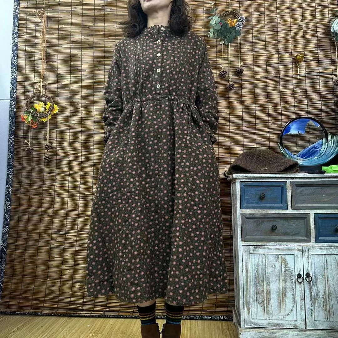 125-8722新款连衣裙时尚洋气质宽松风琴褶皱粉色小花加绒印花裙子