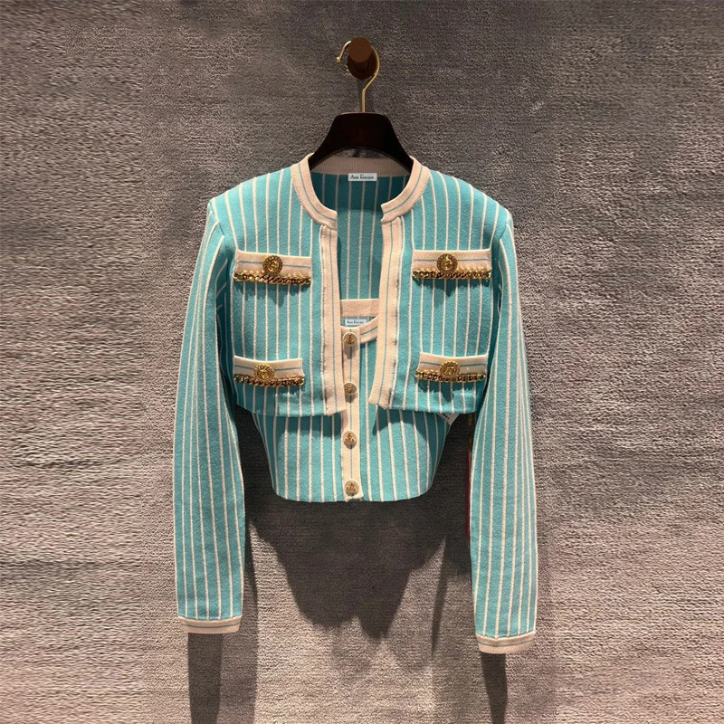 <猪猪出品>南油针织衫气质短款时尚休闲蓝绿两件套条纹名媛法式