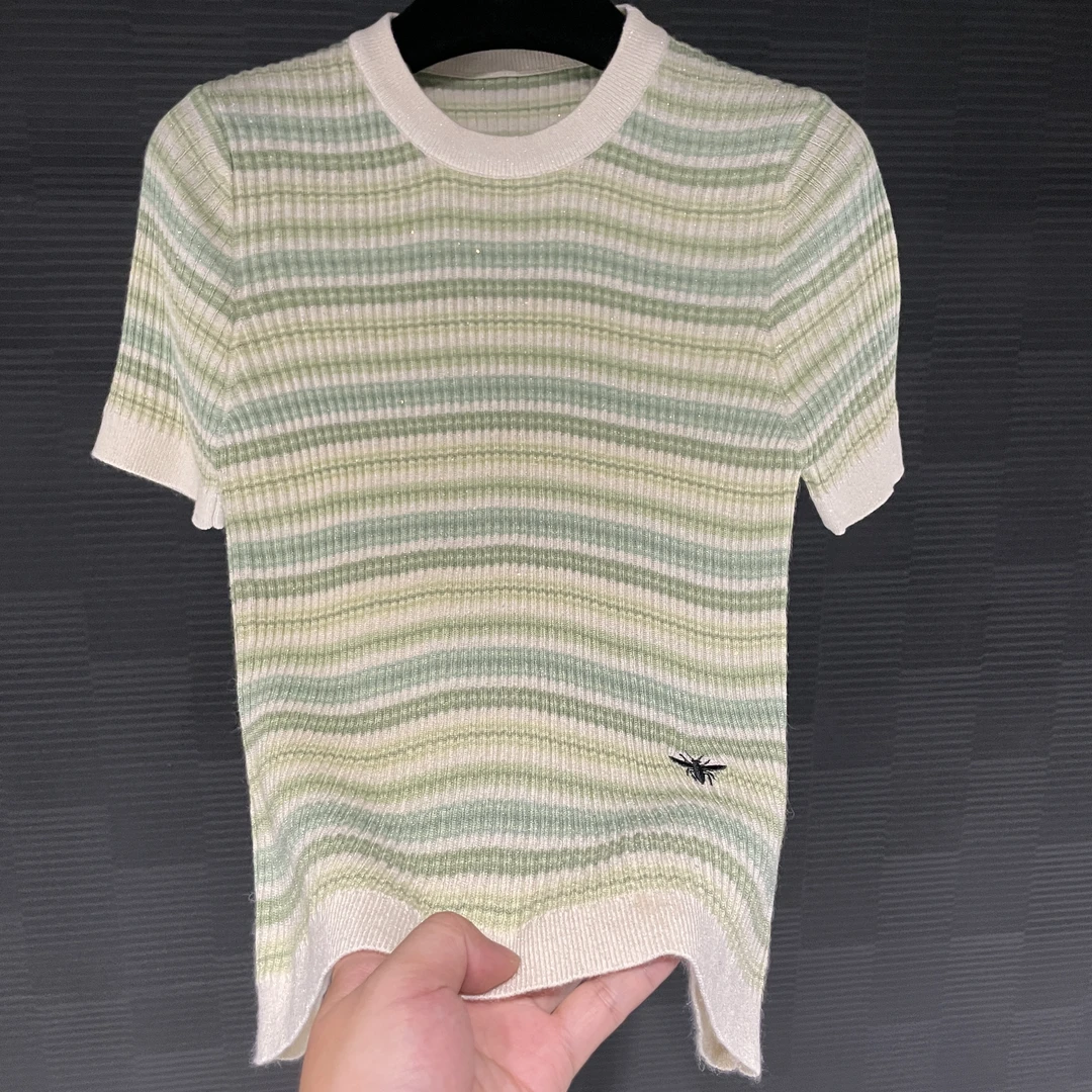 <猪猪家>针织衫条纹百搭绿色莫奈花园风女款时尚休闲夏季786