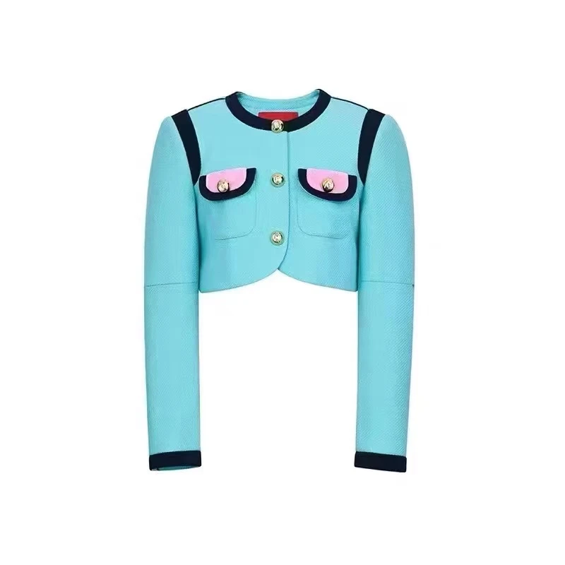 <猪猪出品>秋上新复古长袖绿蓝色针织修身设计师女士短外套121