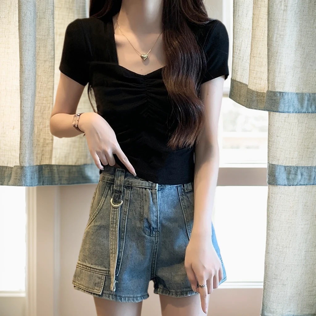 【95棉】方领短袖t恤女宽松夏季2024新款百搭显瘦薄款白色正肩上衣T