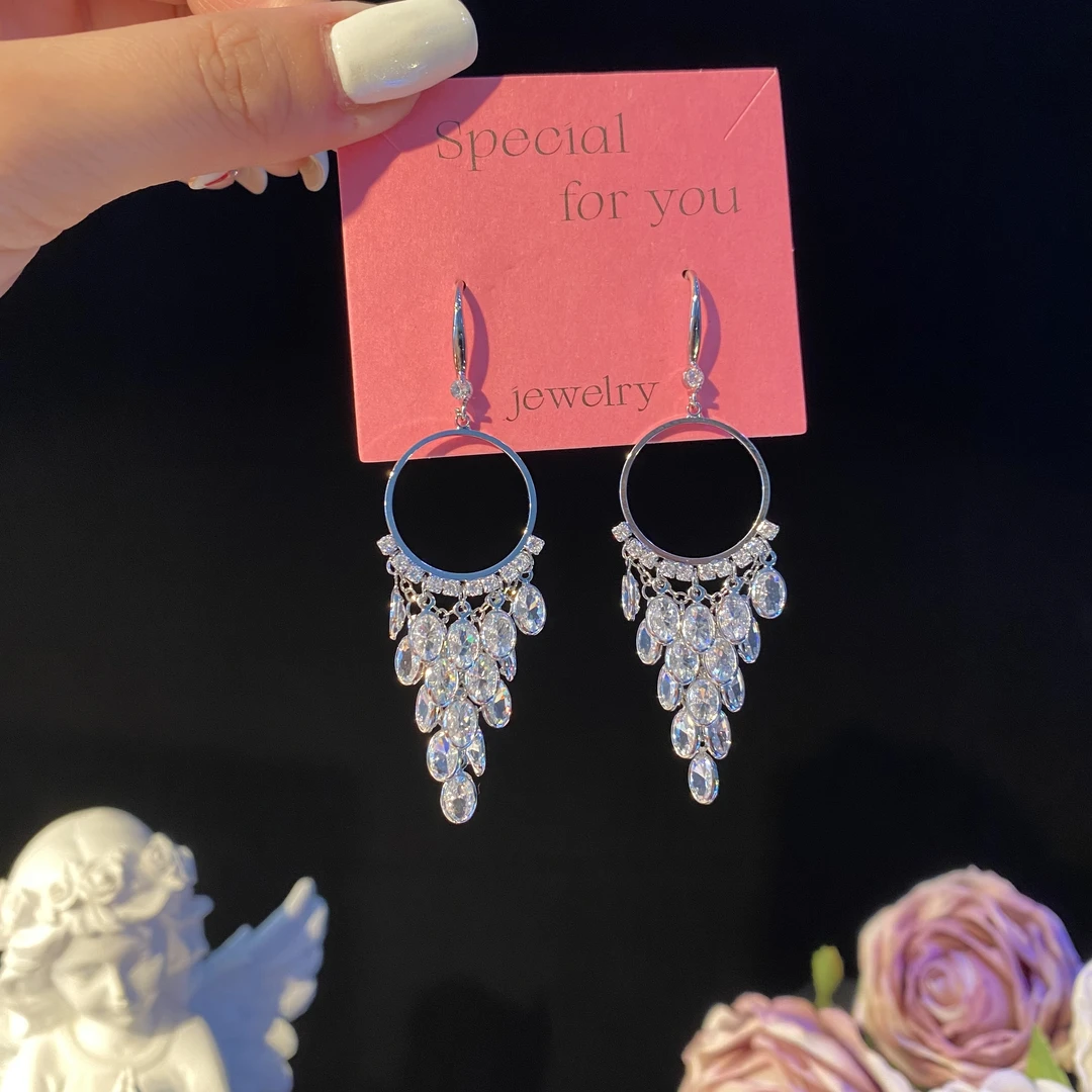 铜合金耳饰 若汐】超闪轻奢气质时尚耳钩长款个性重工耳环精致耳坠