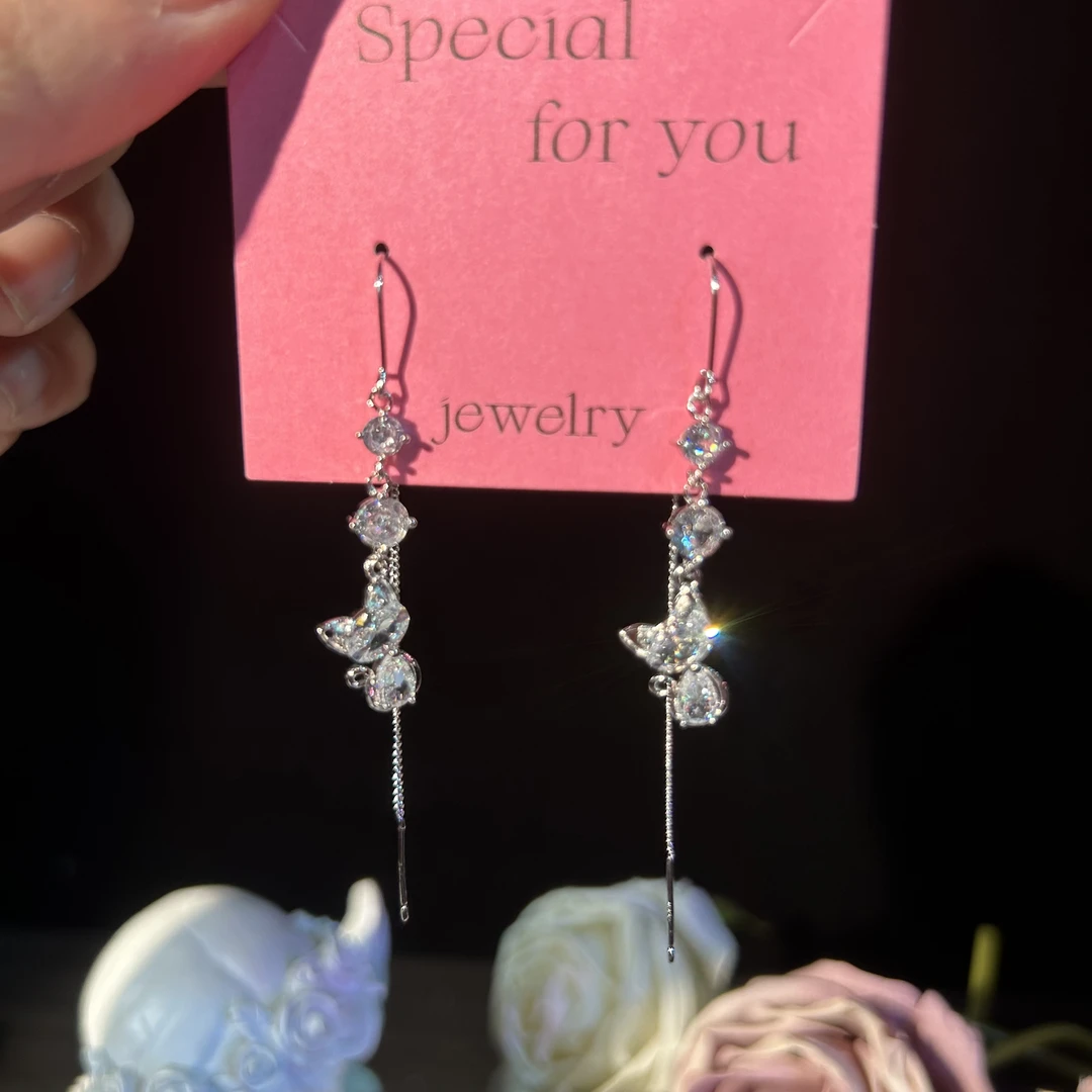 铜合金耳饰 仙女耳线精致超闪锆石长款流苏精美猫咪甜美耳环时尚