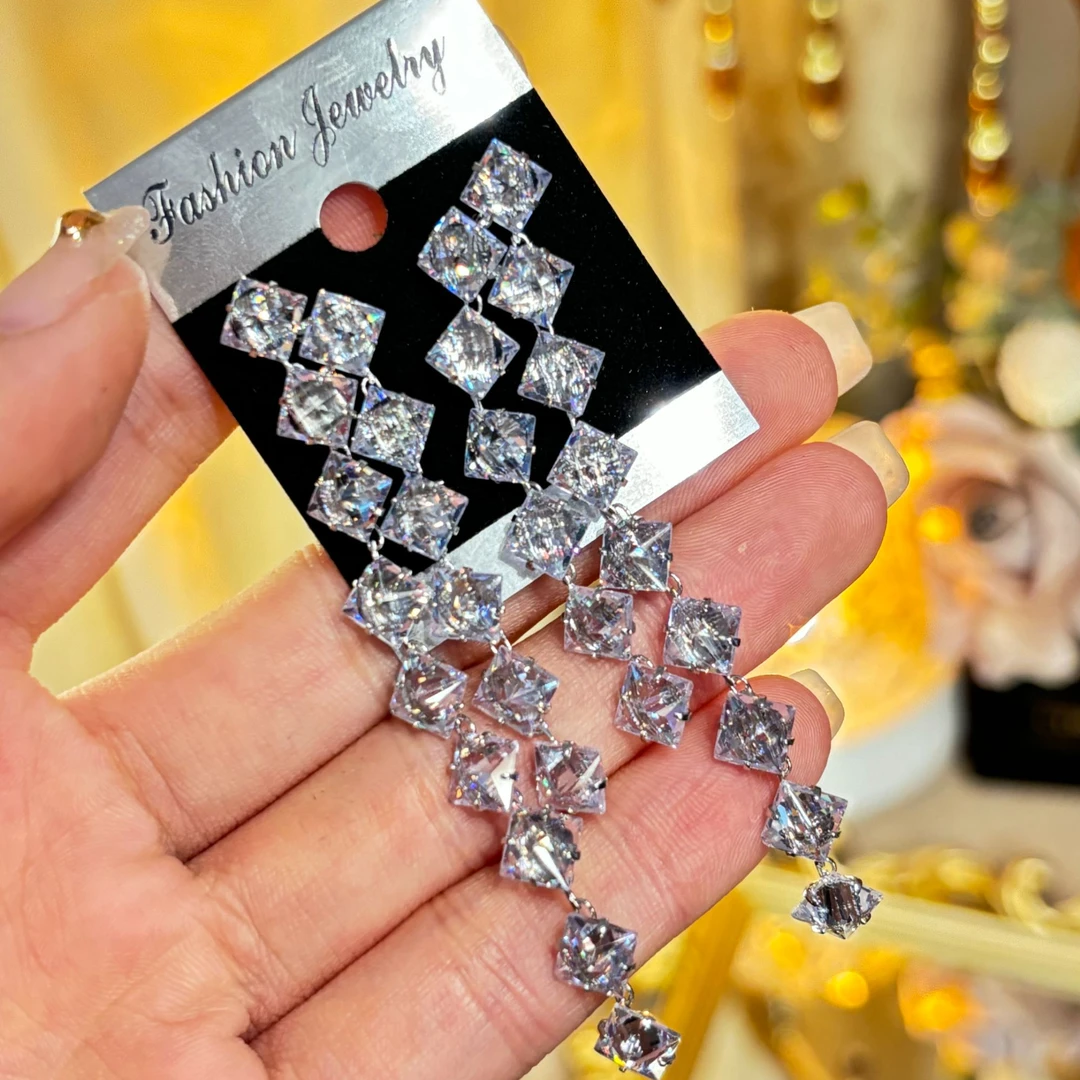 铜合金耳饰 独往】重工超闪奢华锆石长款流苏耳环夸张闪钻轻奢耳钉