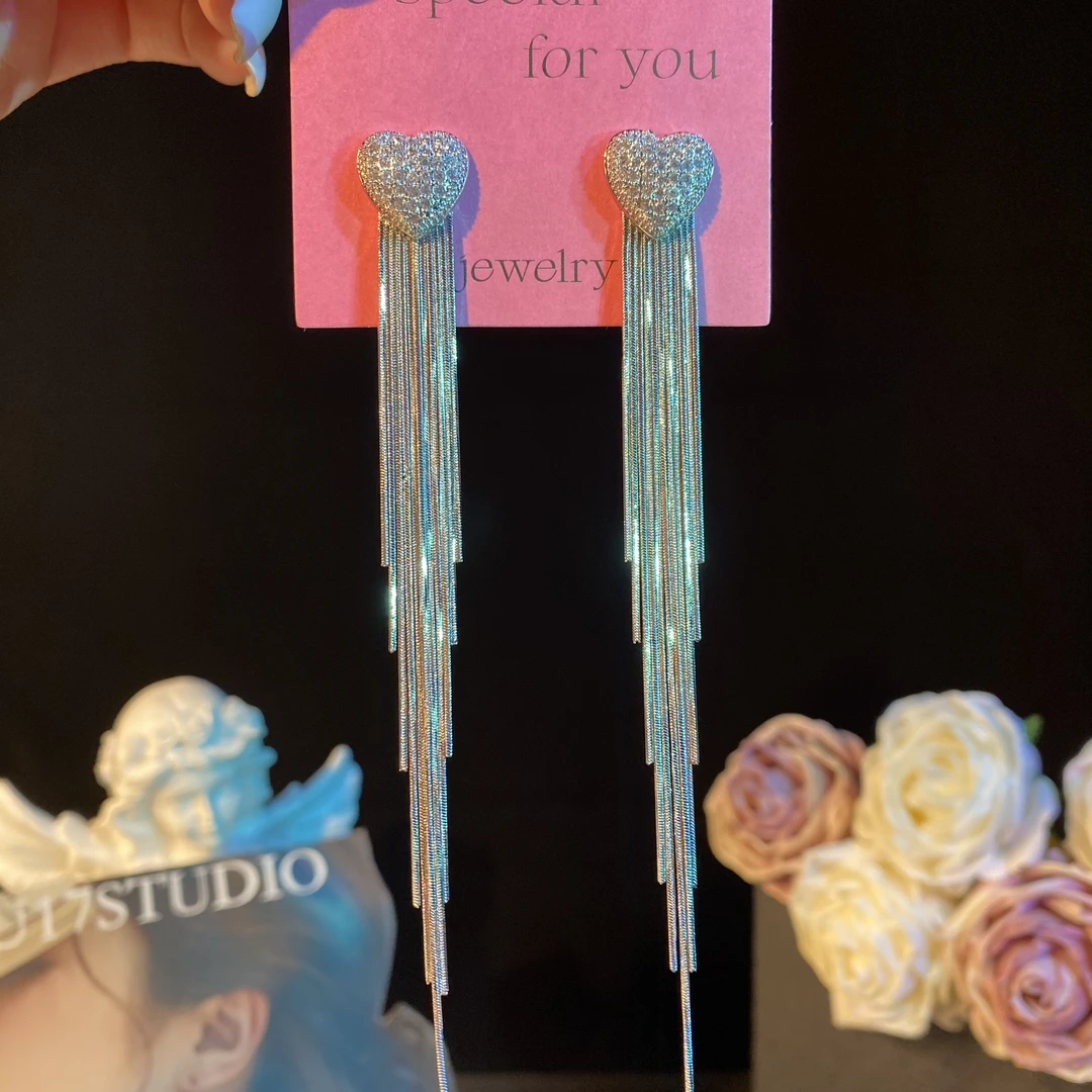 铜合金耳饰 馨心】长款爱心流苏耳环气质轻奢时尚百搭重工耳钉洋气