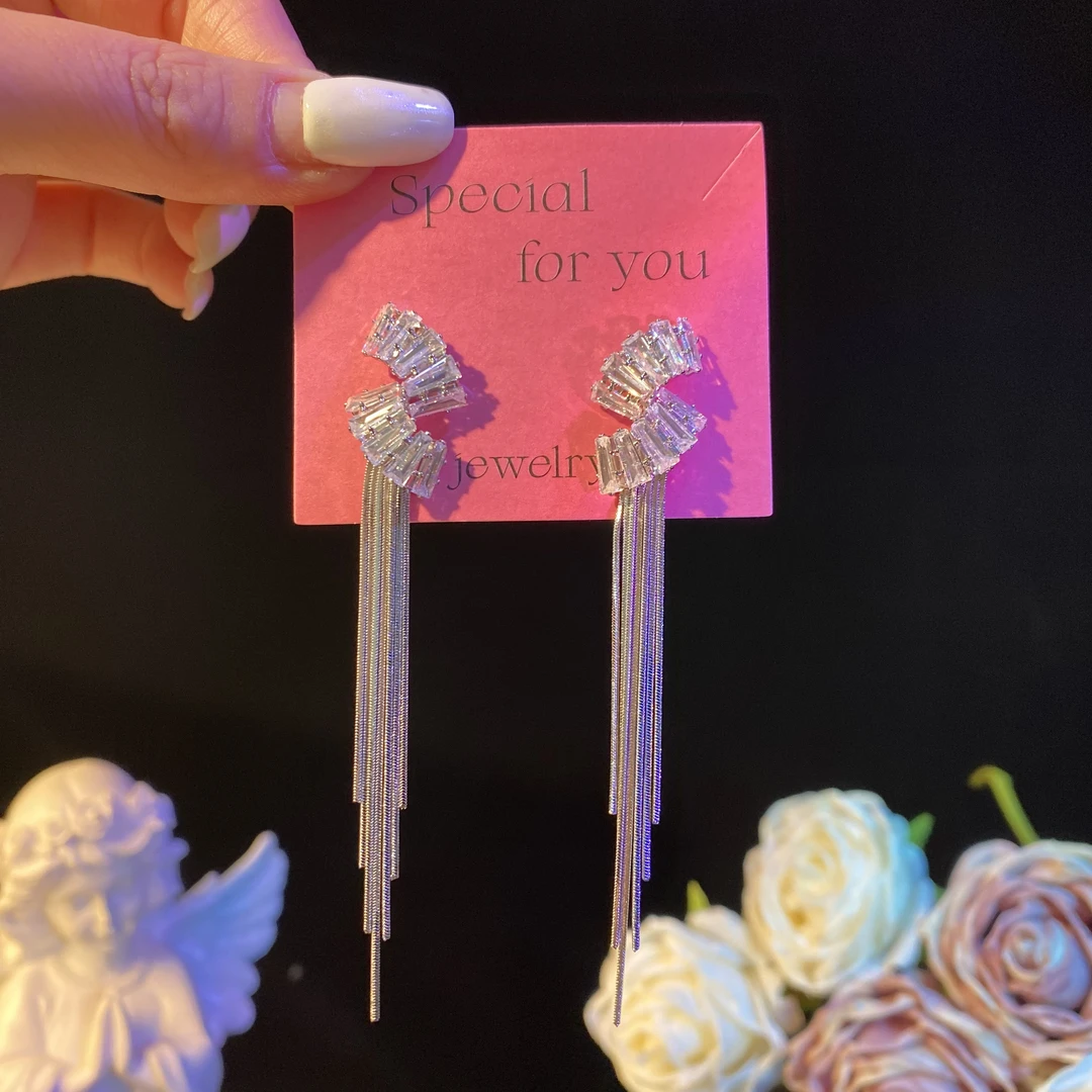 铜合金锆石耳饰 欣妍】超闪轻奢锆石长款流苏耳环精致时尚百搭耳钉