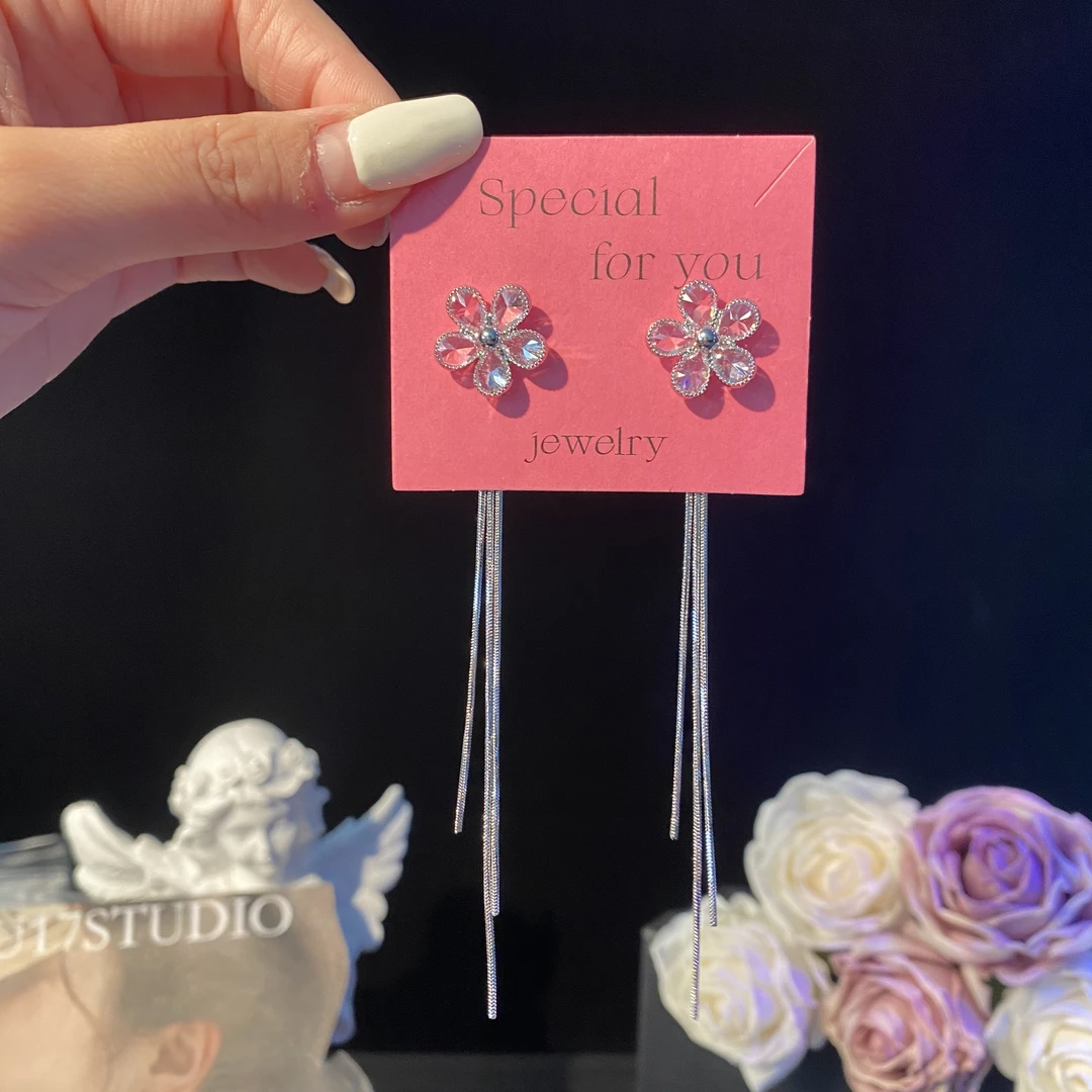 铜合金耳饰 怡萱】超闪气质仙女锆石花朵长款流苏耳环百搭两戴耳钉