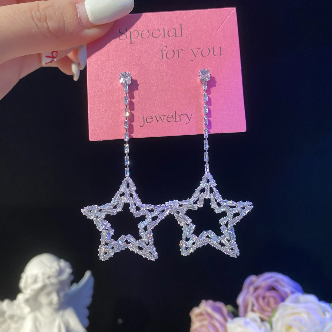 铜合金耳饰 忆星】超闪锆石长款五角星流苏耳环气质时尚个性耳钉潮