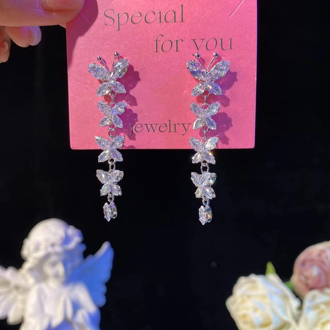 铜合金耳饰 夏蝶】超闪锆石蝴蝶流苏长款耳环轻奢时尚重工气质耳坠