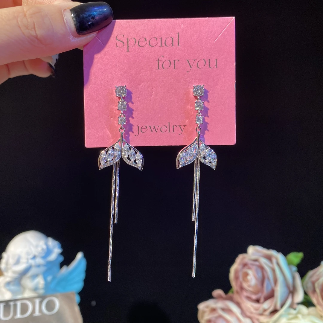 铜合金耳饰 欢颜】超闪锆石鱼尾长款流苏耳环甜美精致两戴时尚耳坠