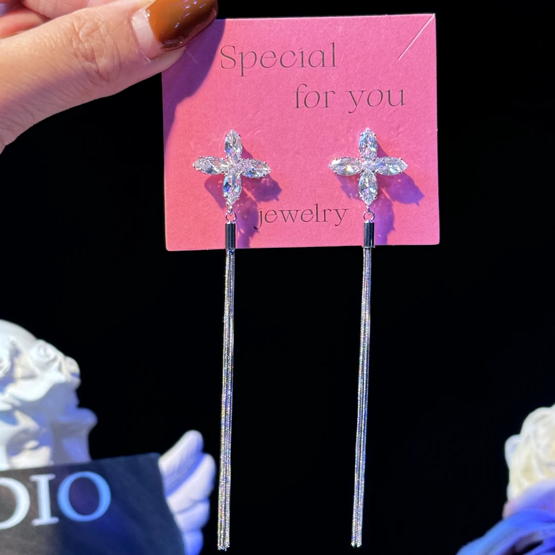 铜合金耳饰 恬静】超闪锆石简约长款流苏耳环气质轻奢时尚百搭耳钉