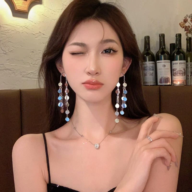 铜合金耳饰 顾安】亮片流苏长款小众设计感轻奢耳钉女气质耳坠耳饰