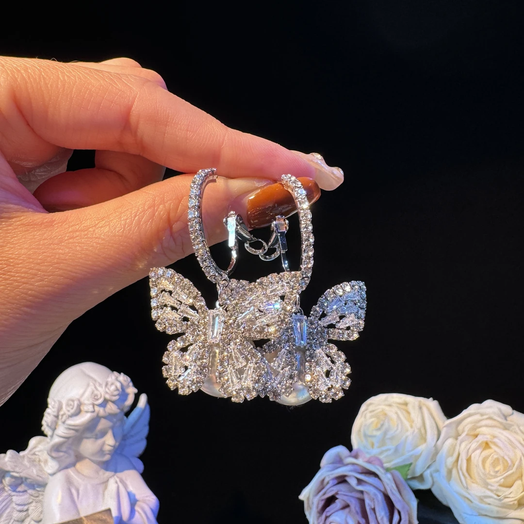 铜合金耳饰 蝶恋】重工锆石蝴蝶时尚耳坠精致满钻珠珠耳环气质轻奢