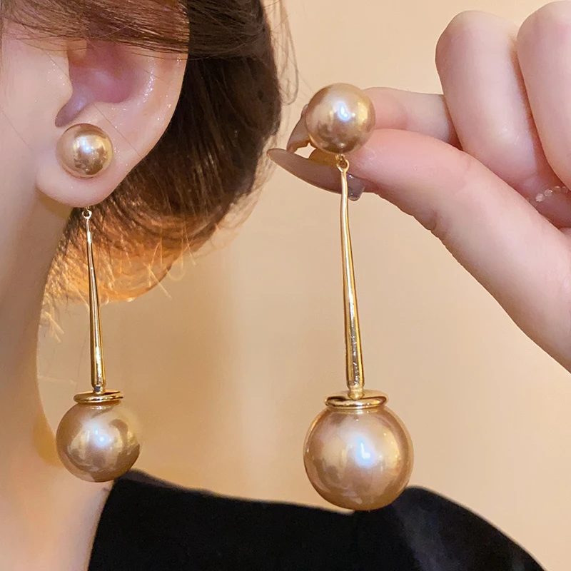 铜合金耳饰 逸乐】珠珠吊坠耳钉小众独特夸张耳环轻奢高级长款大气