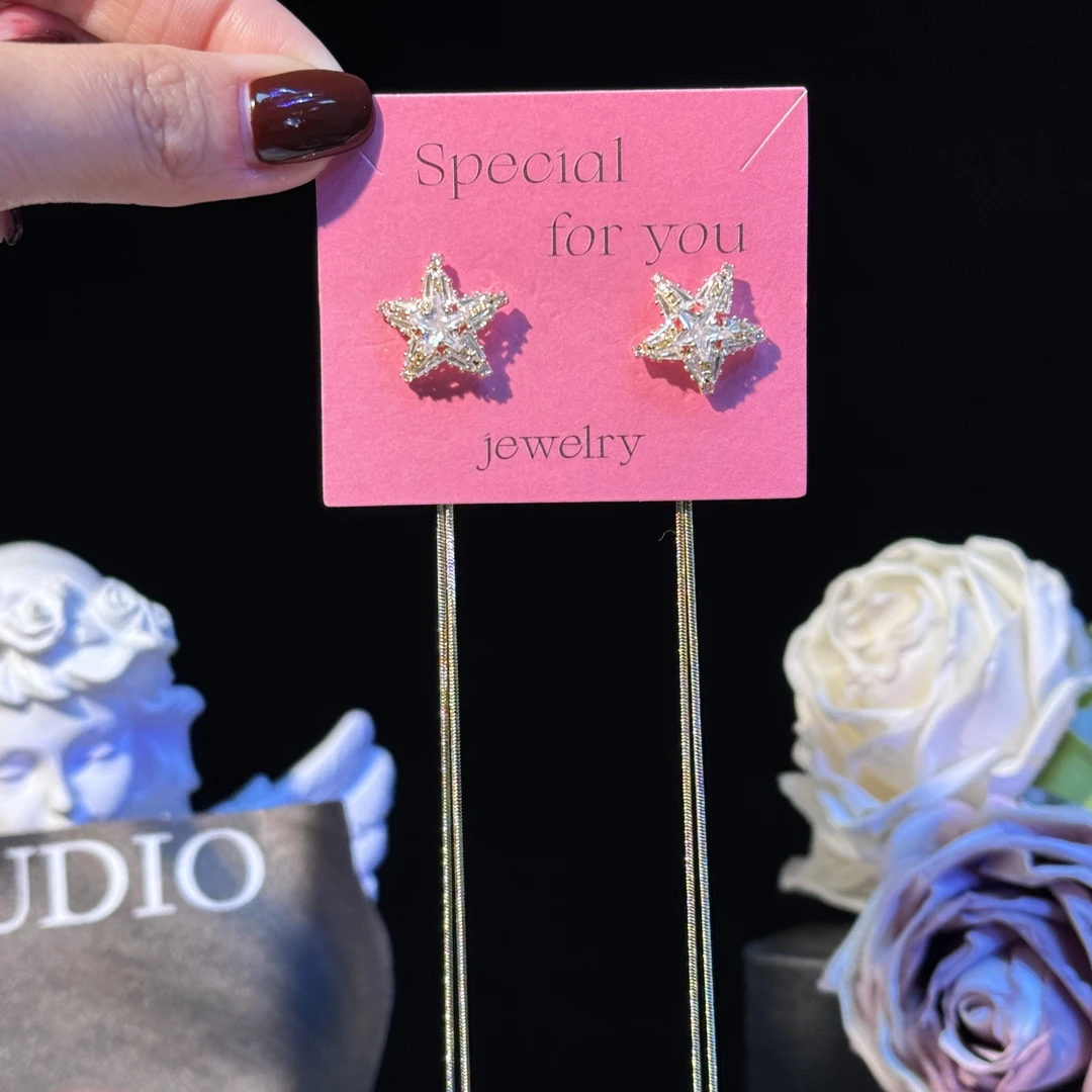 铜合金耳饰 安阳】超闪锆石五角星两戴长款流苏耳环精致甜美耳钉女