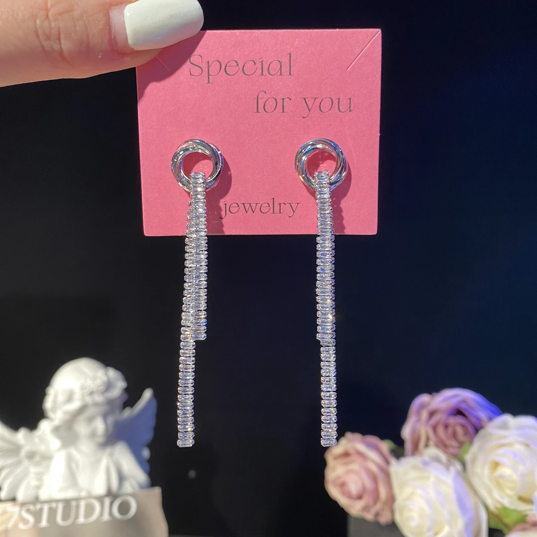 铜合金耳饰 闲云】轻奢气质个性长款锆石流苏耳环简约精致满钻耳钉