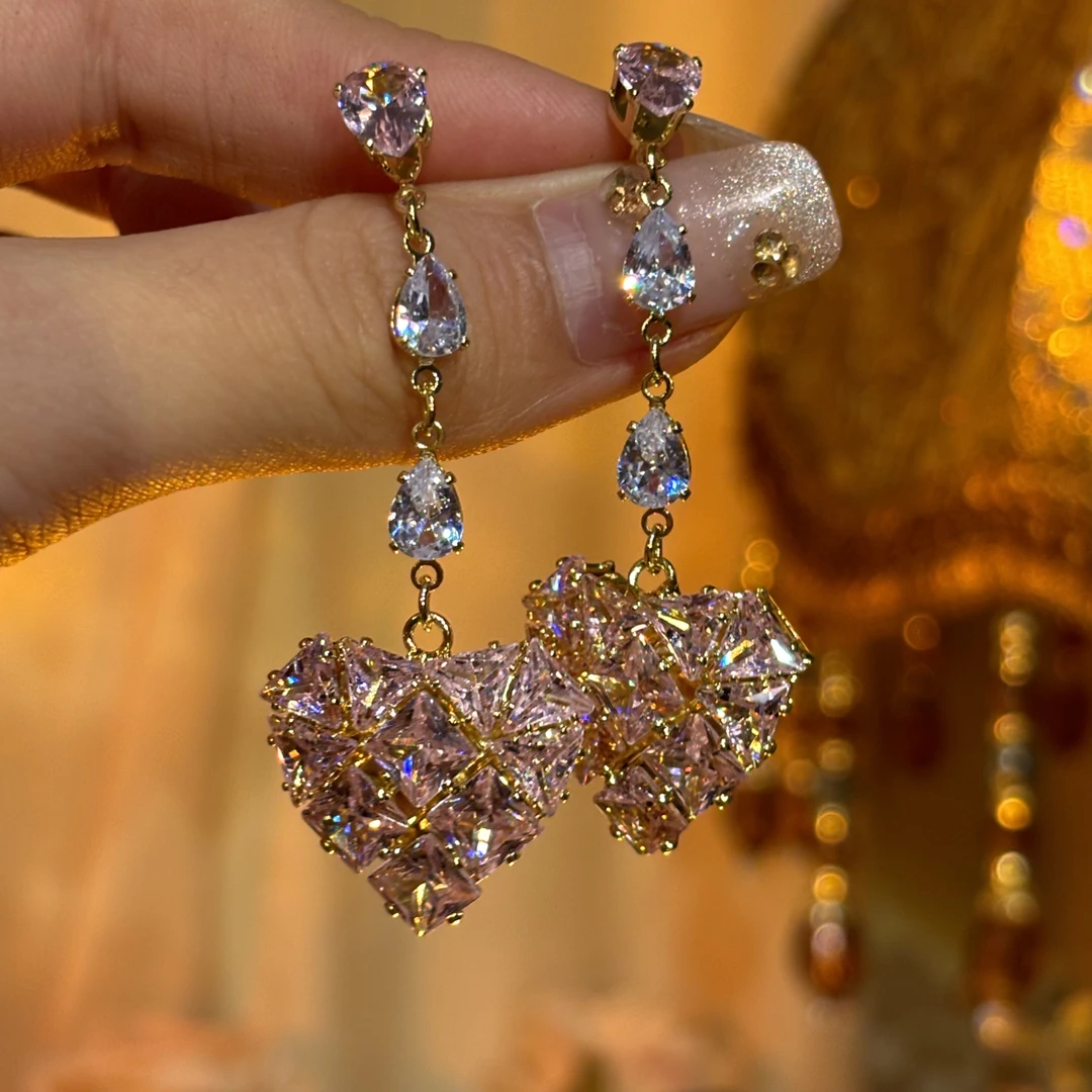 铜合金耳饰 粉心】超闪锆石爱心时尚长款流苏耳环甜美精致耳坠耳钉