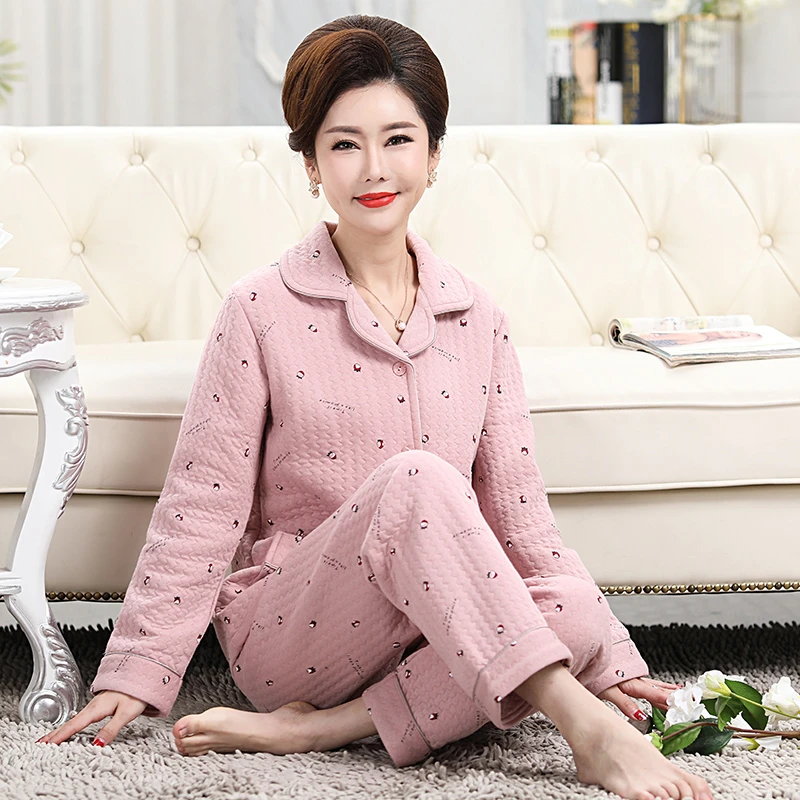 中年妈妈睡衣女春秋冬季纯棉中老年人薄夹棉加厚100%全棉家居服