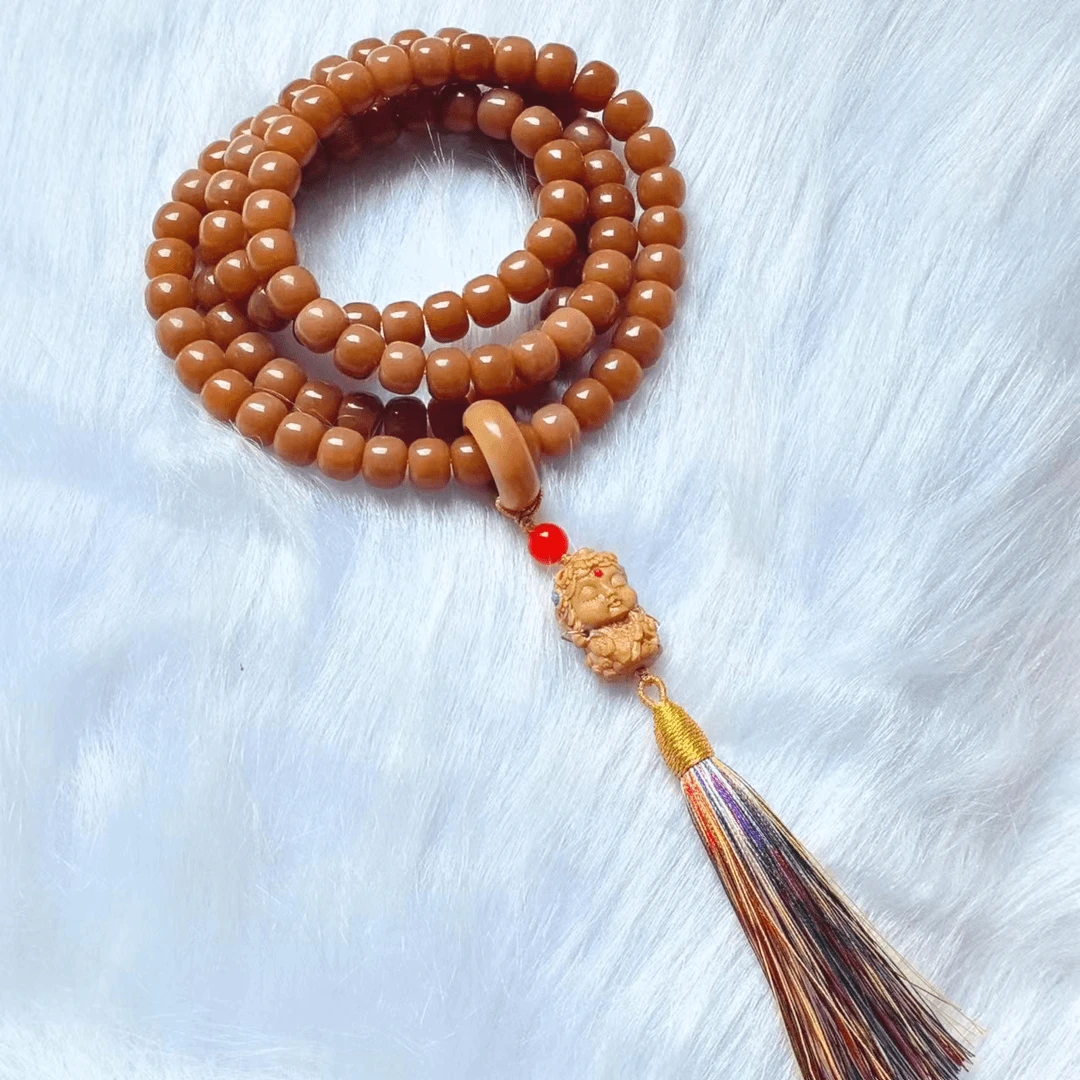 风化老料菩提根桶珠108颗精工8x10mm度母款五彩流苏设计手作款