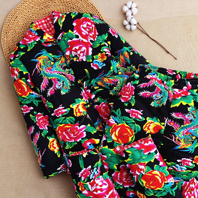 东北大花布纯棉花手工棉袄棉裤套装男女装成人加厚保暖修身外套冬