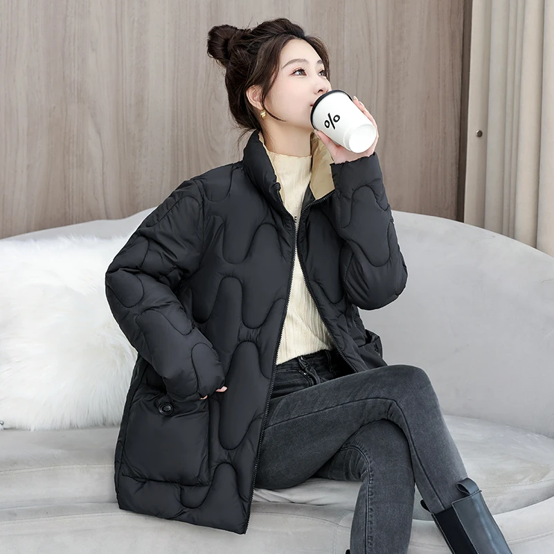 新款宽松棉服中长款立领时尚休闲简约加厚冬季保暖棉衣秋冬棉服