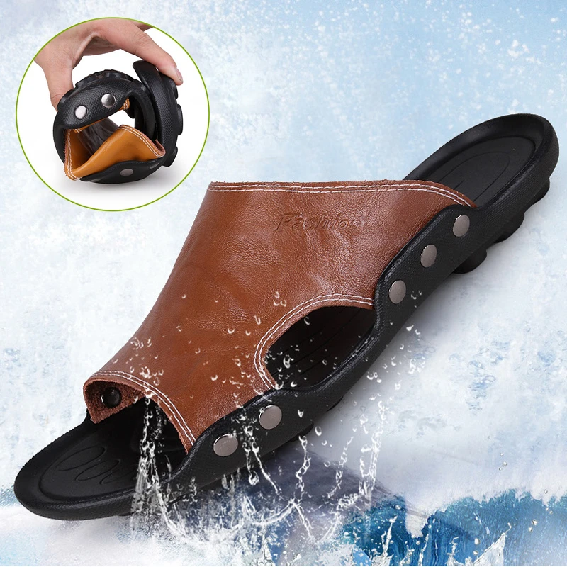 夏季男士凉拖鞋男款真皮轻便夏天凉鞋软皮软底沙滩外穿休闲室外