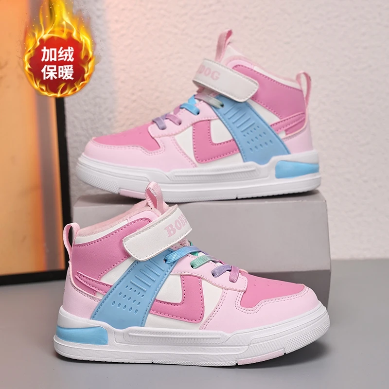 巴布豆女童运动鞋秋冬新款皮面加绒二棉鞋中大童休闲鞋保暖板鞋潮