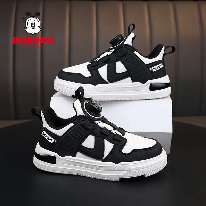 巴布豆男童旋转纽扣运动鞋皮面防水跑步鞋中大童休闲鞋防水板鞋潮