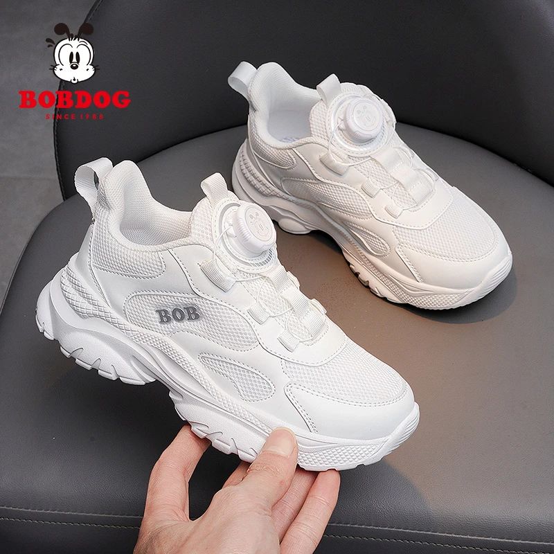 巴布豆旗舰儿童秋季薄款网面透气旋转纽扣小白鞋中大童白色运动鞋