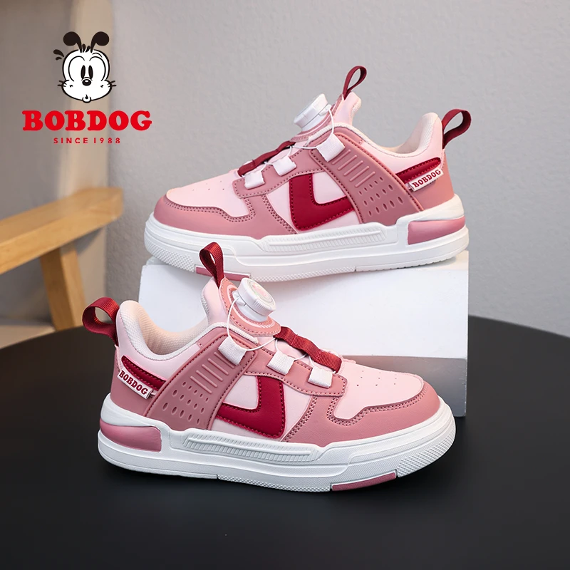 巴布豆童鞋女童跑步鞋春秋皮面防水百搭中大童学生旋转纽扣运动鞋
