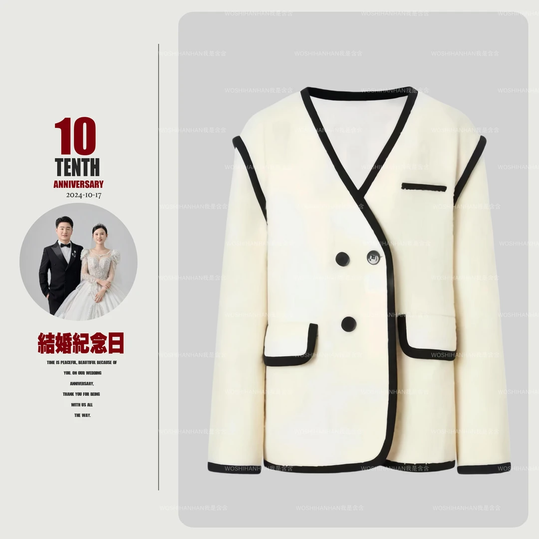 秋冬上新~时尚撞色线条设计款羊毛毛呢外套 S0160