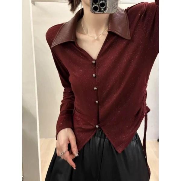 秋季上新~时尚pu拼接设计款亲肤棉打底衫 S9072