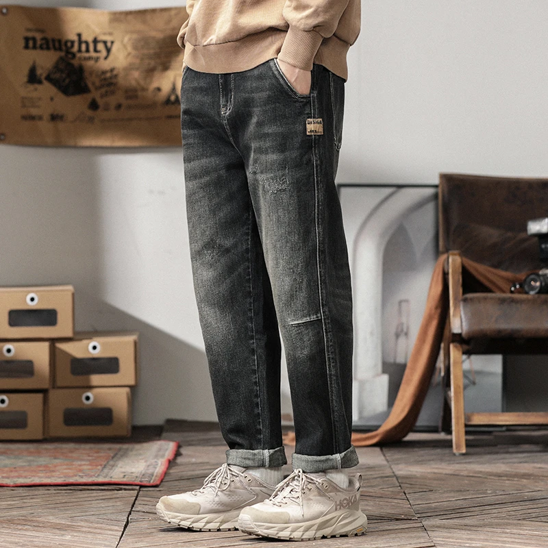 潮牌秋冬款加绒牛仔裤男宽松大码直筒男士弹力哈伦裤休闲长裤子男