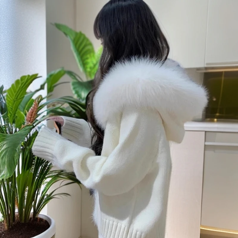 韩系大毛领连帽拉链慵懒千金风毛衣开衫外套秋冬高级感针织衫上衣