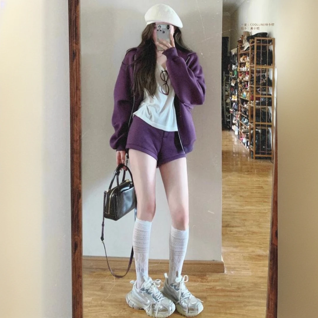 休闲运动服套装女秋冬季新款连帽宽松卫衣短裤减龄少女跑步两件套