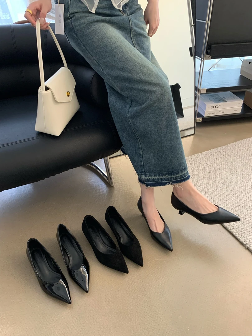 【夏季478】新款3cm漆皮底跟尖头浅口工作鞋猫跟单鞋女