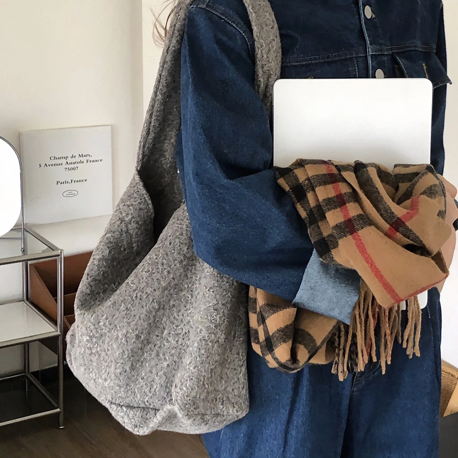 出口韩国【圈圈毛呢包】ins慵懒风托特包女2024潮大容量单肩包