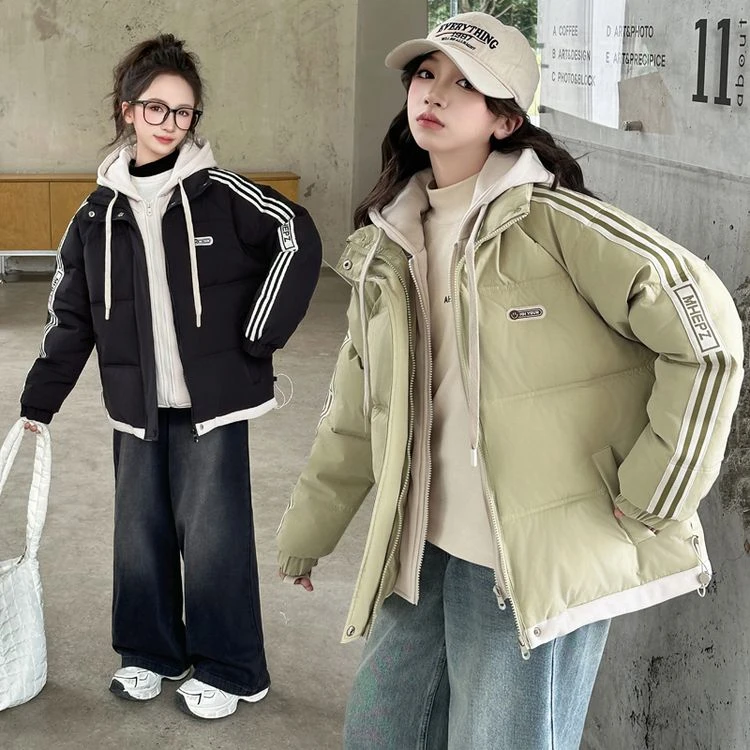 女童冬季加厚假两件棉衣2025新款6-12岁15岁中大儿童洋气棉袄外套