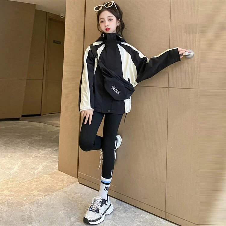 女童连帽拼色冲锋衣2024秋装新款中大童秋季休闲拉链衫儿童外套潮