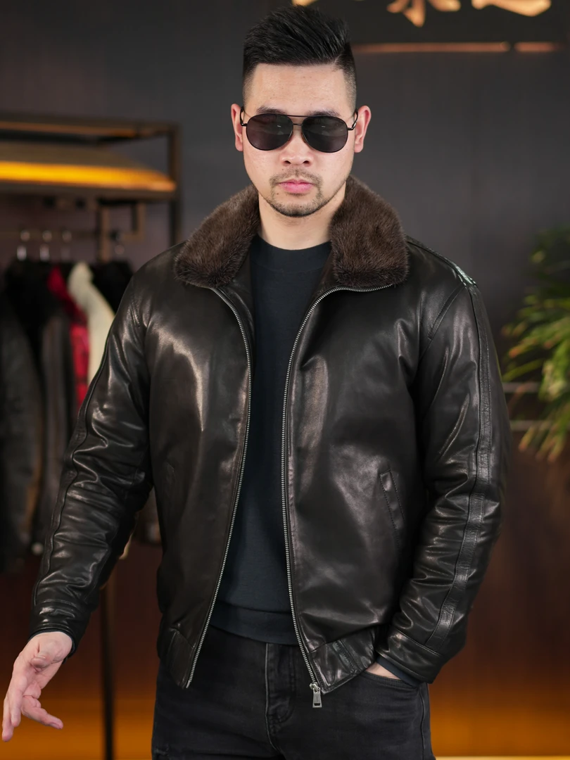 冬季小山羊皮加绒【卫莱迪】时尚男士真皮皮衣皮夹克 休闲36813落肩