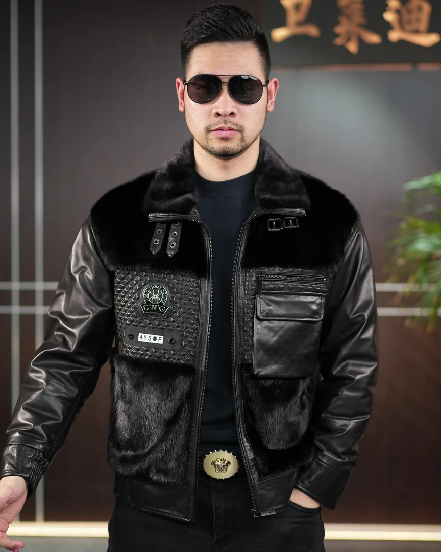 冬季 小山羊皮水貂毛【卫莱迪】时尚男士真皮皮衣休闲 修身2397加绒