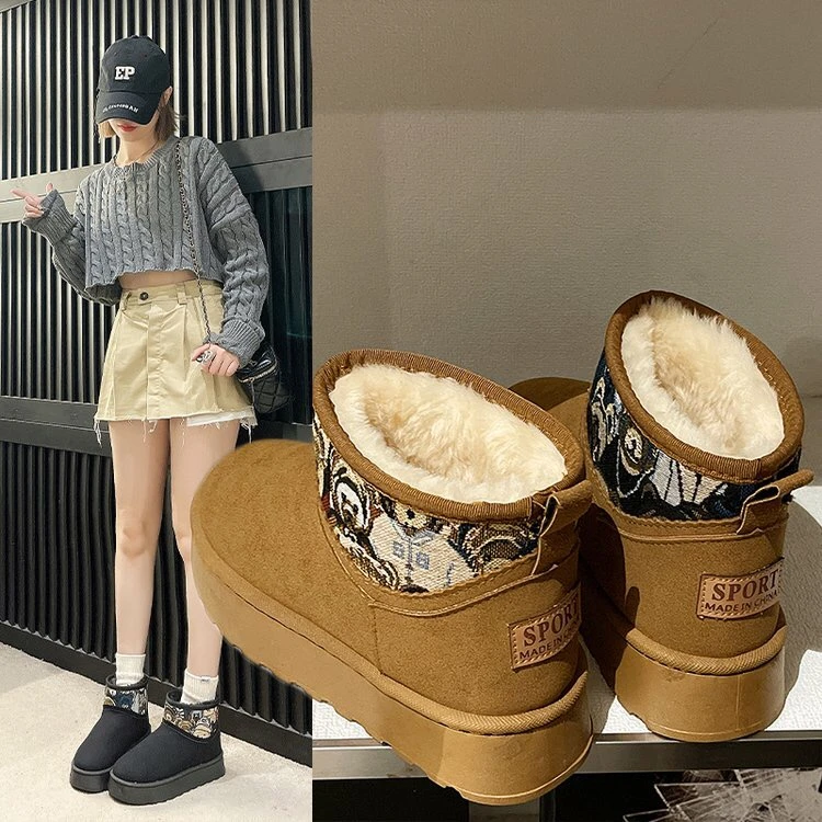 刺绣拼接厚底保暖毛毛雪地靴女2023秋冬季加厚防滑棉GZ