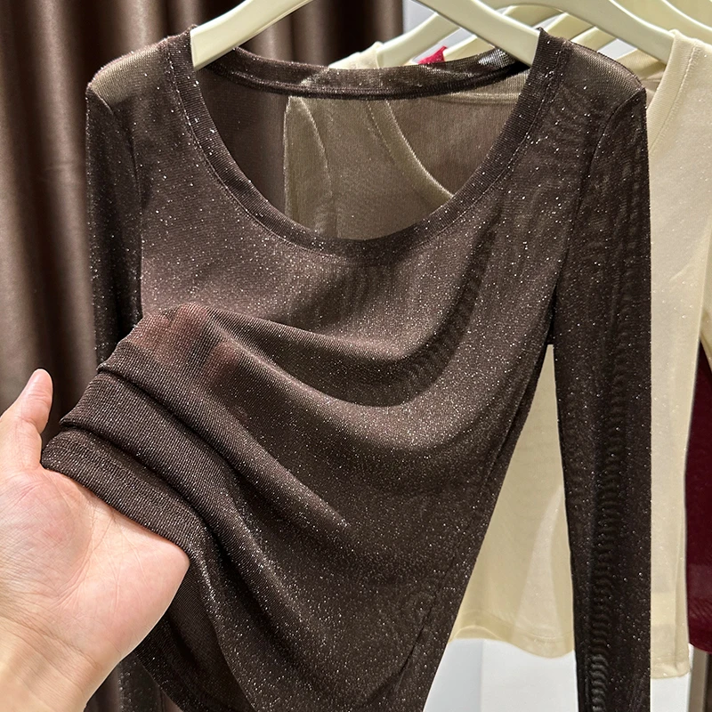 咖色高档网纱打底衫女长袖秋冬2025新款春秋圆领内搭小衫蕾丝上衣