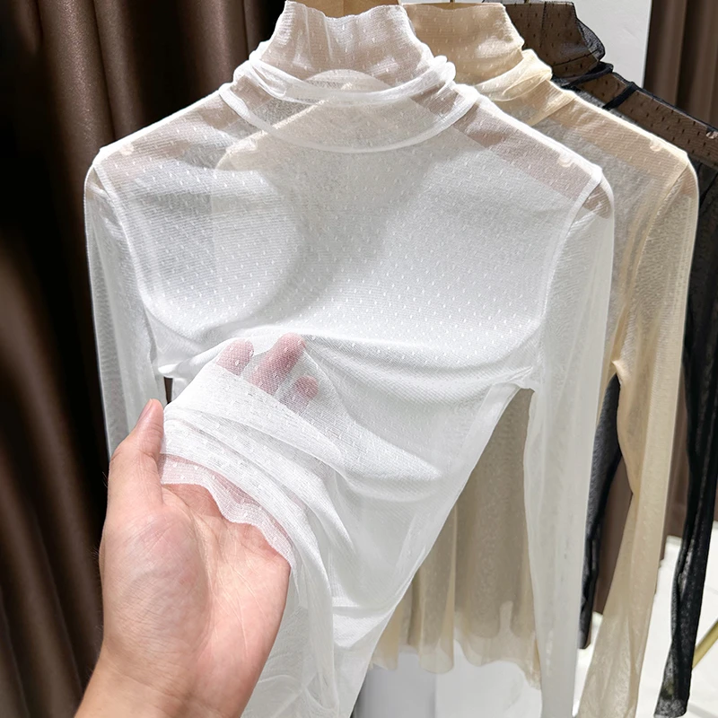 高档网纱打底衫女秋季洋气高领修身内搭透视纱衣长袖薄款蕾丝上衣