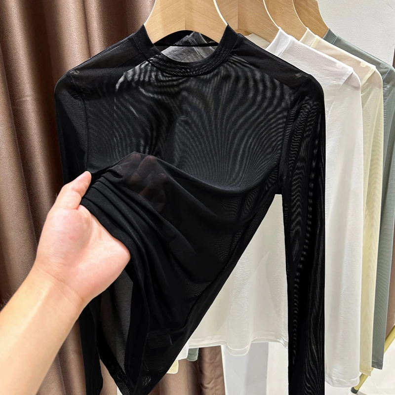高档网纱打底衫女长袖秋冬高级感黑色小圆领镂空蕾丝内搭薄纱上衣