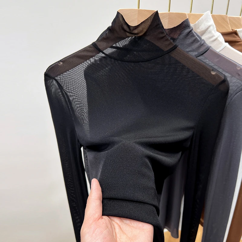 安安家高定洋气网纱打底衫秋季镂空高领内搭外出新款毛衣漂亮小衫